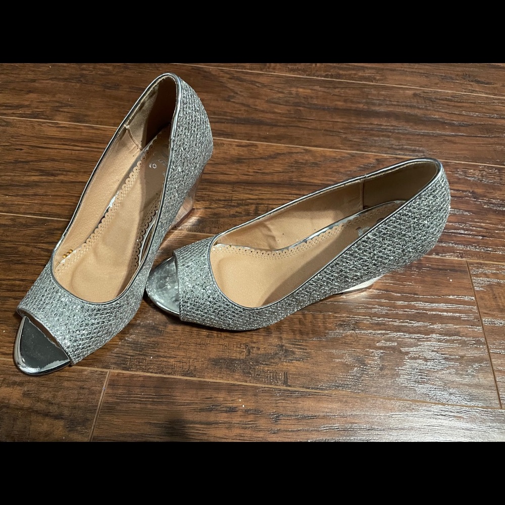 Silver Glitter Wedge Sandals